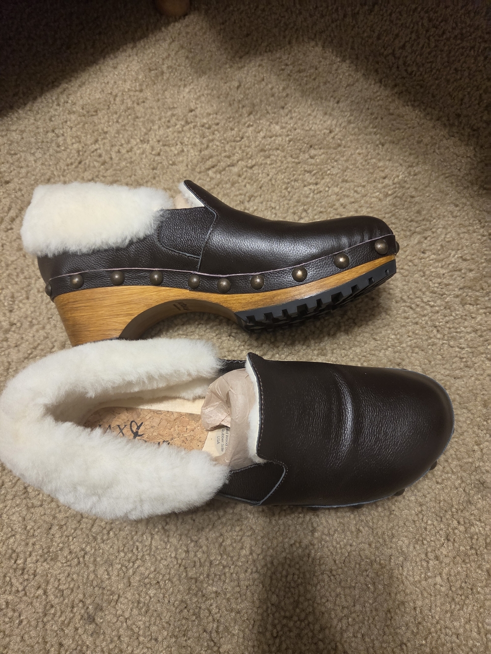 Shearling-Trim Brown Leather Clog Mules with Studded Wood-Look Heel